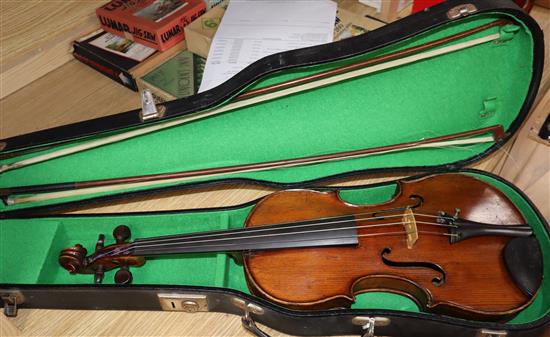 A 19th century (1822) single back violin by John Gough, who worked for Dearloves in Leeds, cased with two bows.